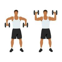 Man scarecrow arms elbow shoulder rotations with dumbbell. vector