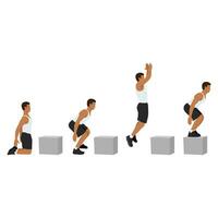 Man doing knee to box jump squat or power jump exercise. vector