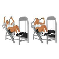 Young woman exercise with abs muscles on press machine, Woman working out with ab crunch machine. vector