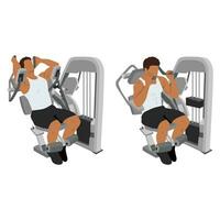 Young man exercise with abs muscles on press machine, Man working out with ab crunch machine. vector