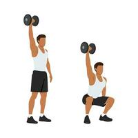 Man doing single or one arm overhead dumbbell squats exercise. vector