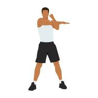 hombre haciendo en pie cruzar cuerpo brazo. hombro tramo ejercicio. vector