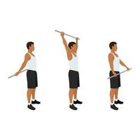 Man doing shoulder pole or broomstick stretch exercise. vector