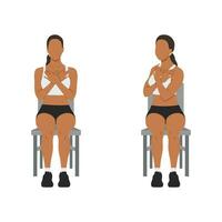 mujer haciendo sentado glúteo y lumbar rotación o silla giro ejercicio. vector