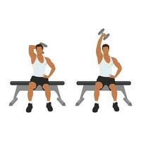 Man doing Seated Single arm overhead dumbbell tricep extensions exercise. vector