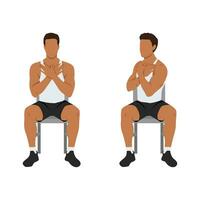 Man doing seated gluteal and lumbar rotation or chair twist exercise. vector