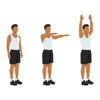 Man doing double arm front raises to overhead extension. vector