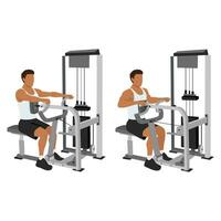 Man doing seated back row machine exercise. vector