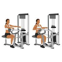 Woman doing seated back row machine exercise. vector