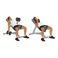 Man doing Seated alternating incline bench dumbbell curls exercise. vector