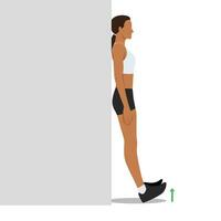 mujer haciendo pie flexionar espinilla ejercicio propensión en contra pared. vector
