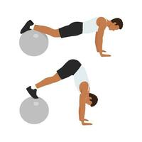 Man doing swiss ball plank to pike push up, core exercise. vector