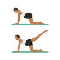 joven embarazada mujer haciendo patada espalda ejercicio durante el embarazo ejercicio. pilates de sano contento mamá con barriga. gato vaca actitud con uno pierna aéreo. vector