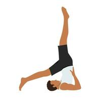 hombre haciendo yoga hombro estar pose. utilizando manos empujar espalda y levantar el piernas arriba vector