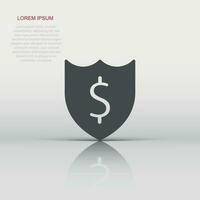 Shield with money icon in flat style. Cash protection vector illustration on white isolated background. Banking business concept.