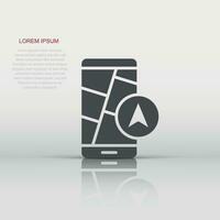 Smartphone map icon in flat style. Mobile phone gps navigation vector illustration on white isolated background. Locate pin position business concept.