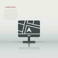 Computer navigation icon in flat style. Monitor pin gps vector illustration on white isolated background. City area location business concept.