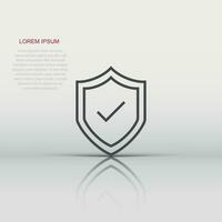 Shield with check mark icon in flat style. Protect vector illustration on white isolated background. Checkmark guard business concept.