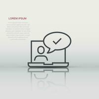 People with laptop computer icon in flat style. Pc user check mark vector illustration on white isolated background. Office manager business concept.