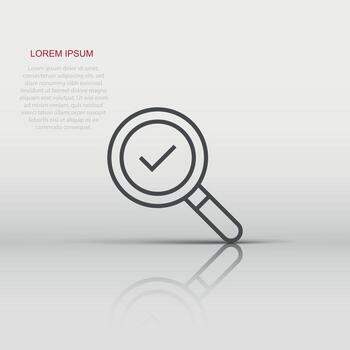 Check mark with magnifying glass icon in flat style. Loupe accept vector illustration on white isolated background. Search checklist business concept.