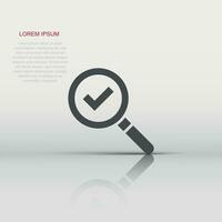Check mark with magnifying glass icon in flat style. Loupe accept vector illustration on white isolated background. Search checklist business concept.