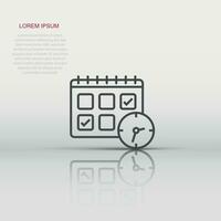 Calendar with clock icon in flat style. Agenda vector illustration on white isolated background. Schedule time planner business concept.