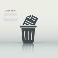 Trash bin with document icon in flat style. Paper recycle vector illustration on white isolated background. Office garbage business concept.