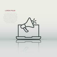 Laptop with megaphone speaker icon in flat style. Notebook bullhorn vector illustration on white isolated background. Computer subscribe business concept.