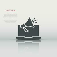 Laptop with megaphone speaker icon in flat style. Notebook bullhorn vector illustration on white isolated background. Computer subscribe business concept.