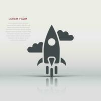 Rocket icon in flat style. Spaceship launch vector illustration on white isolated background. Sputnik  business concept.