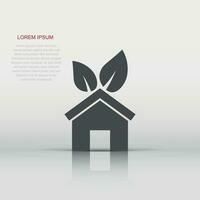 House with leaf icon in flat style. Flower garden vector illustration on white isolated background. Ecology sign business concept.