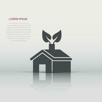 Ecology home icon in flat style. House with leaf vector illustration on white isolated background. Botanical building sign business concept.