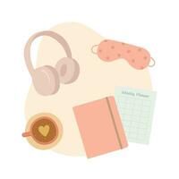 Self care elements set. Notebook, sleeping mask, cup of coffee and headphones vector