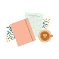 Notebook, weekly planner and cup of coffee. Personal timetable. Morning routine concept vector