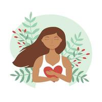 Young woman with closed eyes hugs herself. Mental health, zen, harmony concepts. Body positive, self care, love yourself. vector