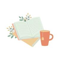 Colorful books, cup and bramches. Book reading concept. Doodle style. vector