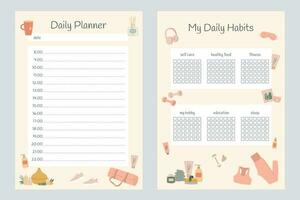 Self care checklist and daily planner set. Healthy habits for wellbeing. Body positive, mental health, self care, love yourself concept vector