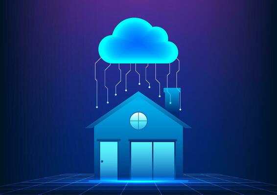 Cloud technology Clouds hover above the house with interconnected circuit boards. Refers to the technology for storing and sending data through the Internet that can be used at home and at work.