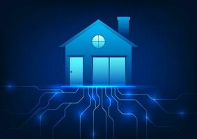 Smart home technology that uses Internet of Things signals to connect with home technology devices to work on command. Vector illustration of a house with a circuit board connected below.