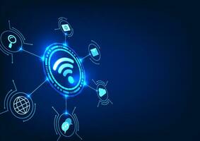 Wi-Fi technology, Wifi icon is inside the technology circle and the icon is integrated with the circuit board. Refers to the distribution of wireless signals to electronic devices to use the Internet. vector