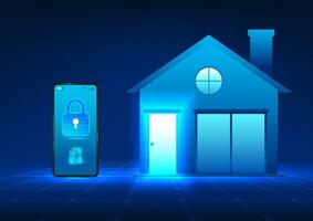 Smartphone technology works with smart homes. By using a mobile phone to unlock the door of house or even using commands for electrical equipment in the house, Mobile phone has lock next to the house vector