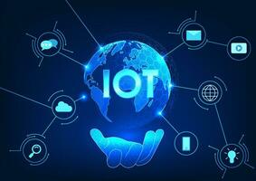Internet of Things technology The hand holding a globe inside has the letters IOT with a circuit line connected to the icon. The Internet of Things technology concept is used all over the world vector