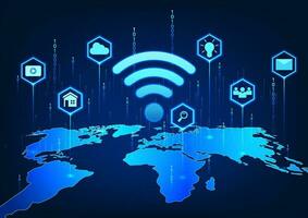 WiFi technology on the world map with icons and behind the number code Refers to the Wi-Fi technology used worldwide for access to entertainment, communication, and work. vector