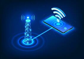 Cellular towers are technologies that emit signals into mobile phones to reach communications anywhere.It is an isometric image of a cell tower transmitting a signal to a cell phone with a WiFi symbol vector