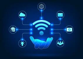 Internet of Things technology with Wi-Fi compatibility hand holding wifi connection with icon Refers to the technology of transmitting wireless signals to electronic devices to work as instructed. vector