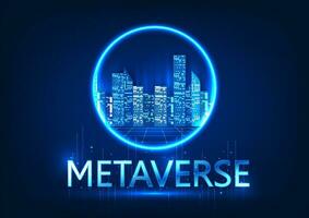 Metaverse Technology Intelligent city inside a circle with the word Metaverse The media is a technology to create a virtual world, even creating an ideal city for users to visit. vector