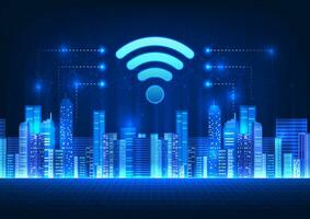 WiFi technology in the smart city with a Wi-Fi icon at the top Refers to the technology of the Internet signal that spreads throughout the city to allow people to access information quickly. vector