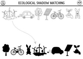 Ecological black and white shadow matching activity with alternative energy sources and transport. Earth day puzzle. Find correct silhouette printable worksheet. Eco awareness coloring page vector