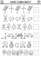 What comes next. Ecological black and white matching activity for preschool children with eco awareness symbols. Earth day logical coloring page. Continue the row game vector