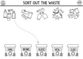 Ecological black and white matching activity with waste sorting concept. Earth day puzzle. Printable worksheet or game. Sort out the waste. Eco awareness coloring page for kids vector